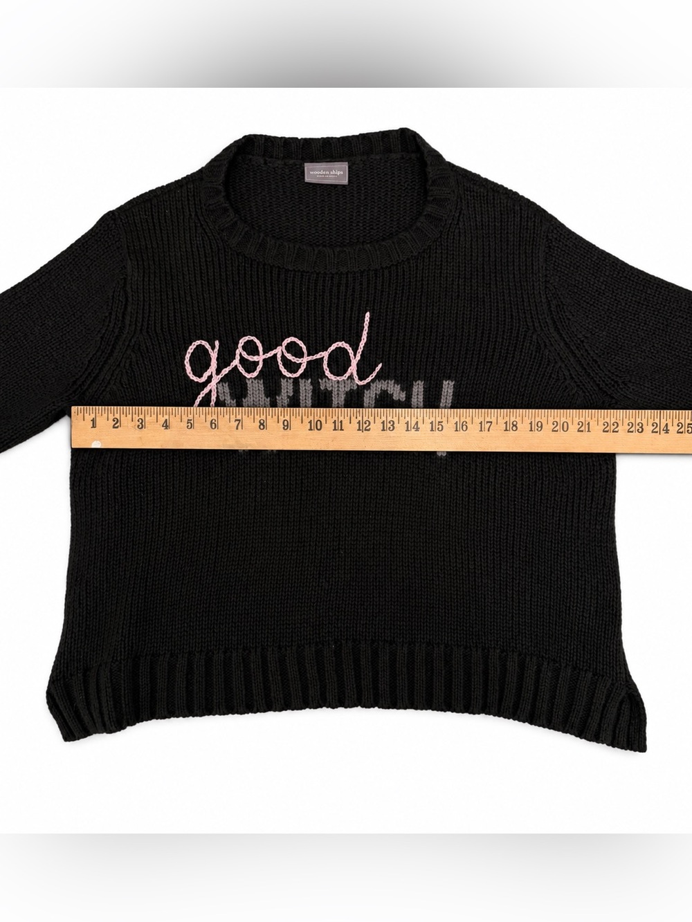 Good Witch Black Sweater Wooden Ship M/L Mohair Wool Acrylic Pink Gray Crew SOFT - Picture 6 of 7